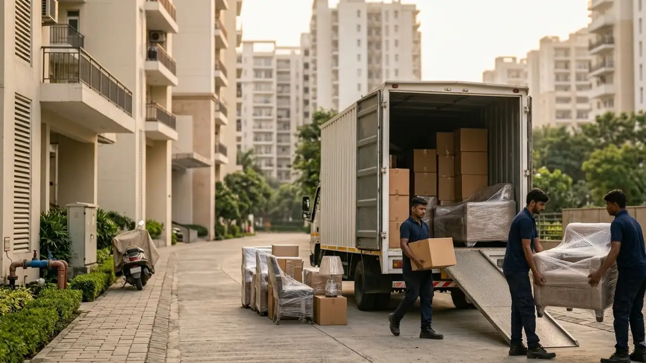 Illustration: a moving crew loading wrapped furniture and cartons into a covered truck outside an apartment block