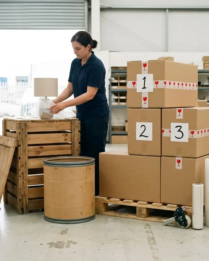Illustration: numbered cartons on a pallet with a crate, a drum and bubble wrap