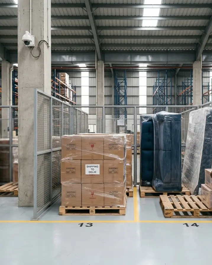 Illustration: stretch-wrapped goods on pallets in separate marked bays of a clean warehouse, with a CCTV camera on a pillar