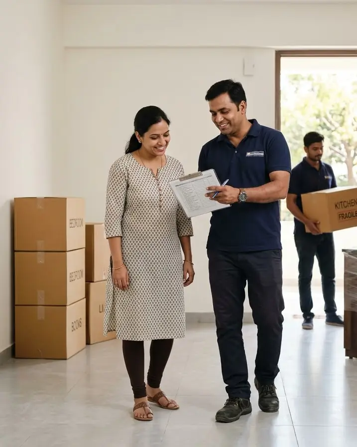Illustration: a crew supervisor going over a moving plan with a customer while packers carry cartons