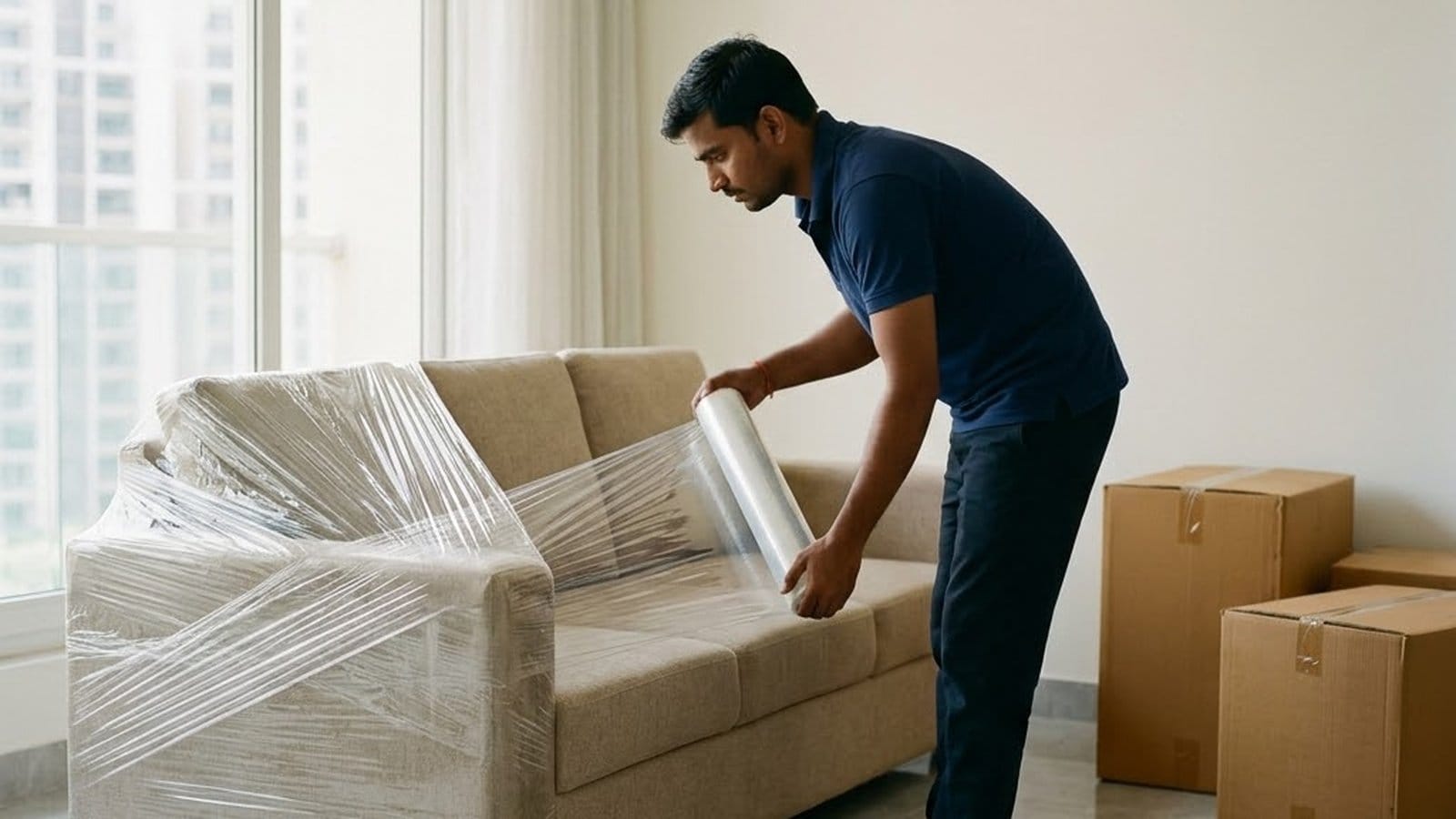 A packer stretch-wrapping a beige three-seater sofa in a bright apartment, with sealed cartons stacked beside a window overlooking towers