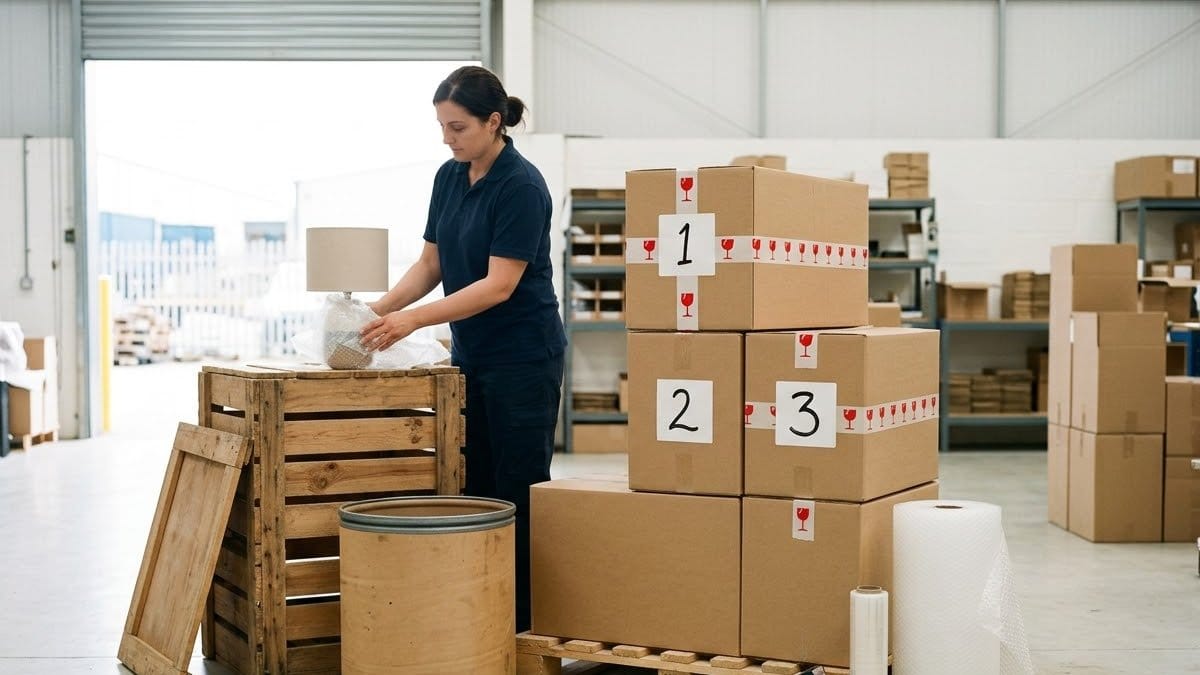 A packer wrapping a table lamp in bubble wrap beside a wooden crate, a fibre drum and numbered cartons marked fragile
