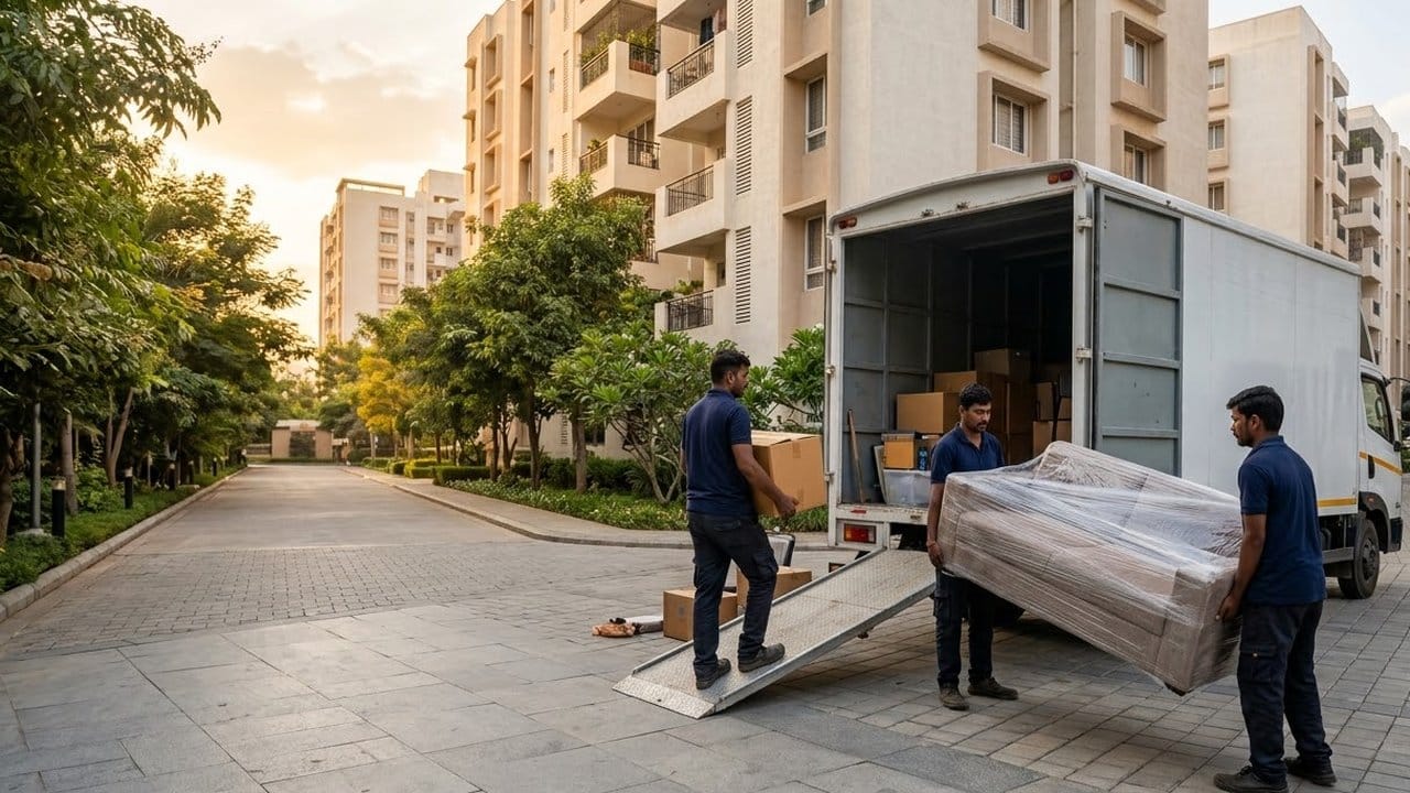 Three movers in navy uniforms unloading cartons and a plastic-wrapped sofa down a ramp from a box truck between mid-rise apartment blocks