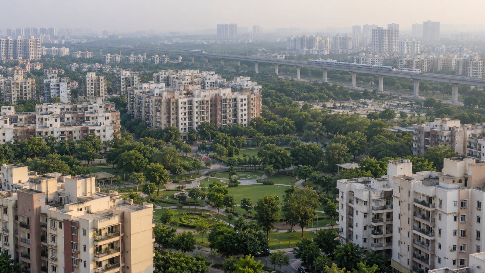 A wide view over mid-rise apartment blocks, parks and an elevated metro line in a planned sub-city