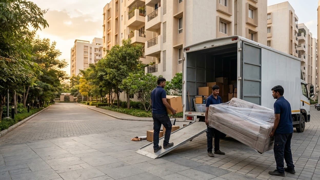 A moving crew unloading a stretch-wrapped sofa and cartons from a truck outside an apartment complex
