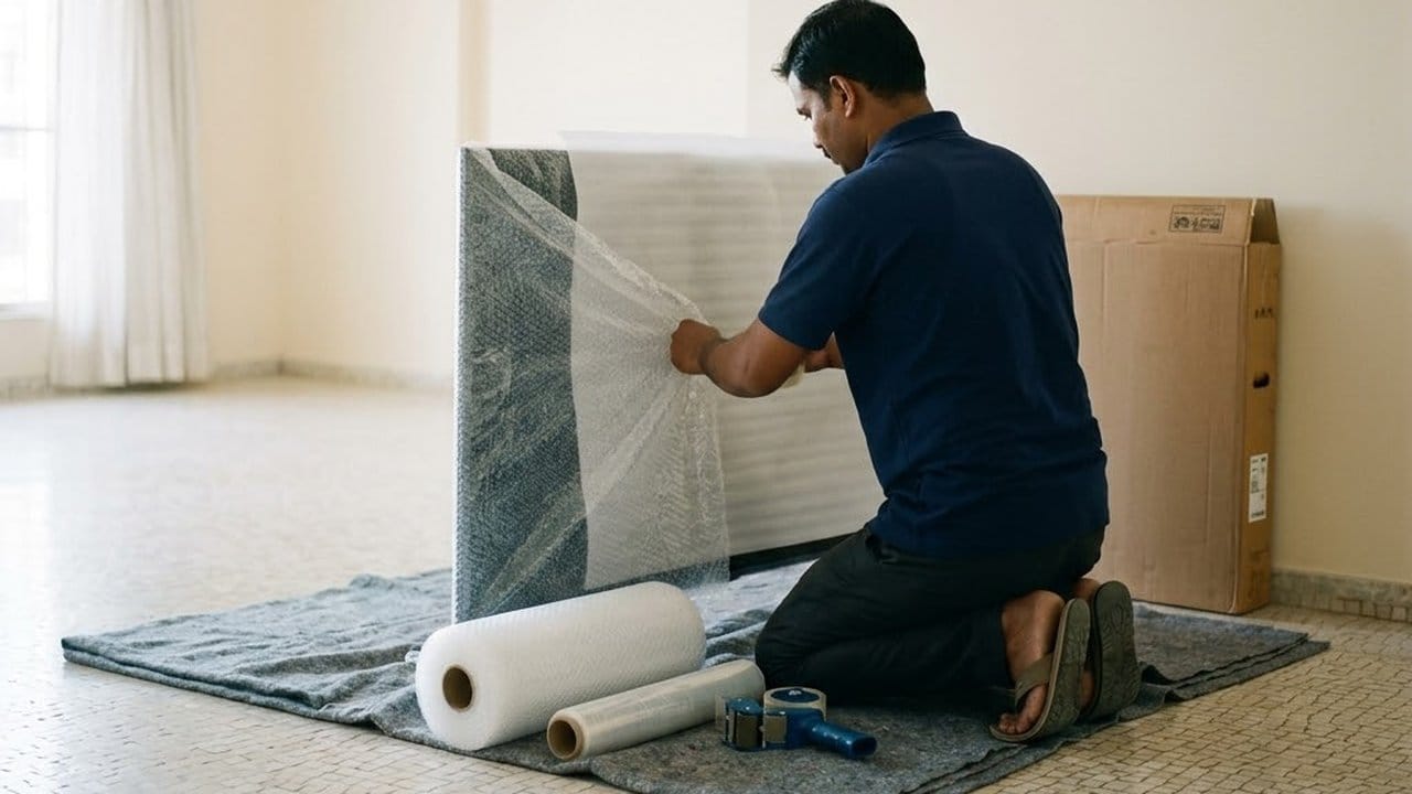 A packer kneeling on a grey moving blanket wraps a flat-screen television in bubble wrap in an empty apartment, next to its cardboard box