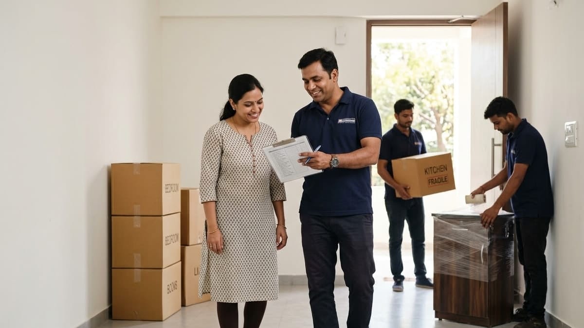 A moving supervisor going through the moving plan with a customer while the crew carries labelled cartons