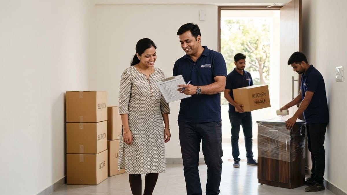 A moving supervisor holding a clipboard checklist talks with a smiling woman in an empty flat while two crew members carry a kitchen carton and wrap a cabinet in plastic film