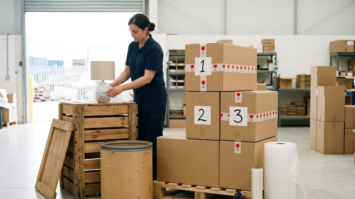 A packer wrapping a lamp beside numbered cartons, a wooden crate and a drum in a packing warehouse