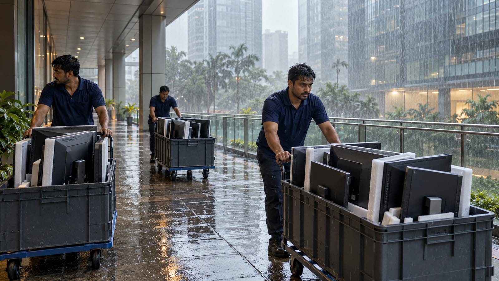 Office movers wheel crates of monitors along a covered walkway between glass towers in heavy rain