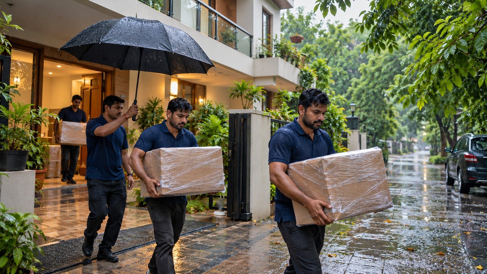 Movers carry plastic-wrapped cartons from a house porch under an umbrella on a leafy lane in the rain