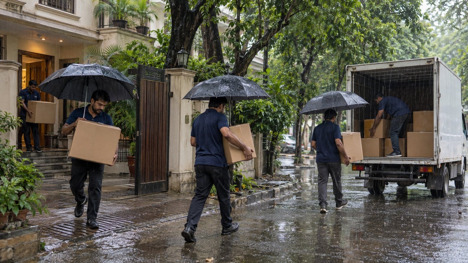 Movers under umbrellas carry cartons through heavy rain to a truck outside a house