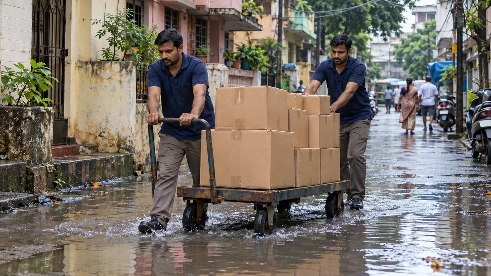 Two movers push a trolley of cartons through shallow rainwater in a busy residential lane