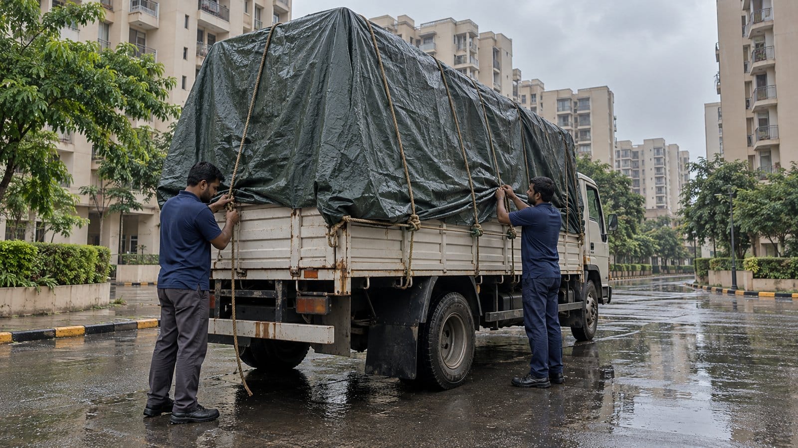 Two movers tie down a tarpaulin over a loaded truck beside apartment blocks under a grey monsoon sky