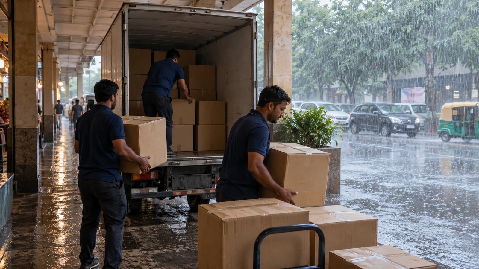 Movers load cartons into a truck under a covered market arcade as heavy rain falls on the street