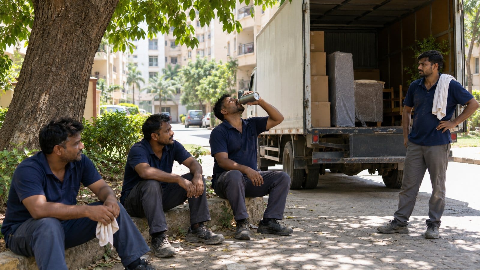 Movers rest in the shade of a large tree beside a truck on a hot day, one drinking from a steel bottle