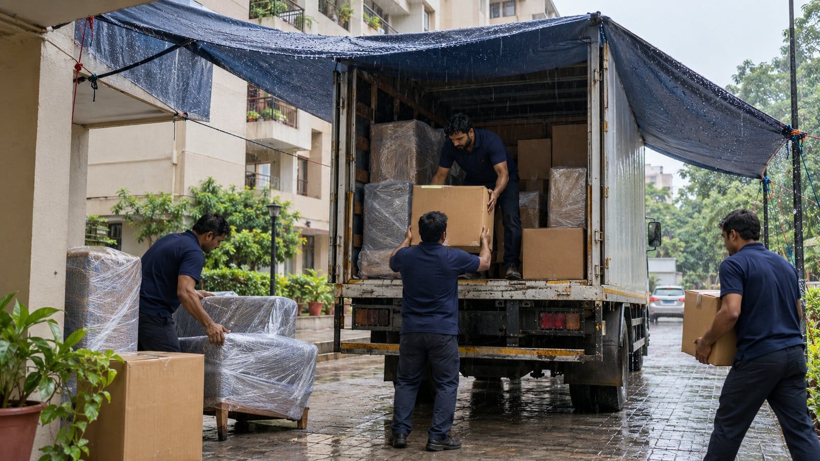 Movers load a truck under a tarpaulin canopy outside an apartment block on a rainy day