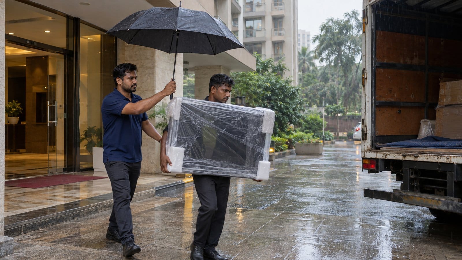 A mover holds an umbrella over a colleague carrying a wrapped television to a truck in light rain
