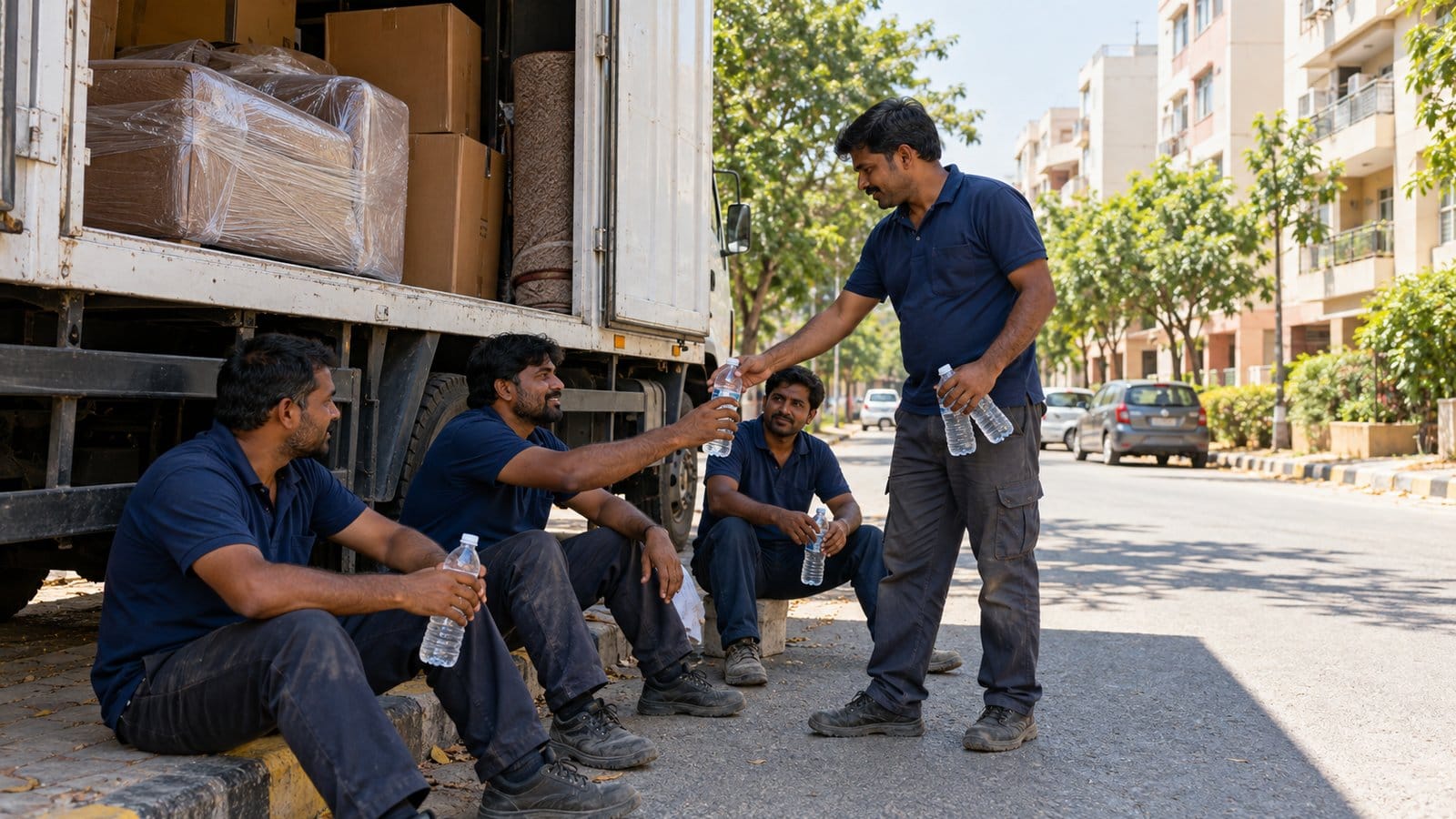 Movers rest in the shade of a parked truck on a hot afternoon as one hands out water bottles