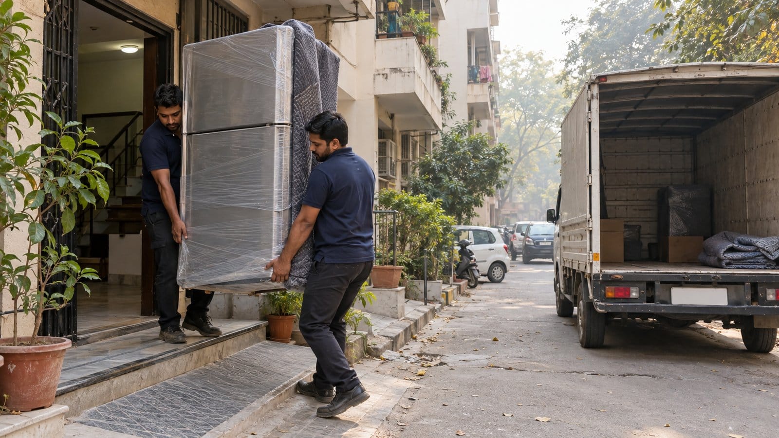 Two movers carry a wrapped refrigerator out of a low-rise apartment block towards a small truck on a hazy morning