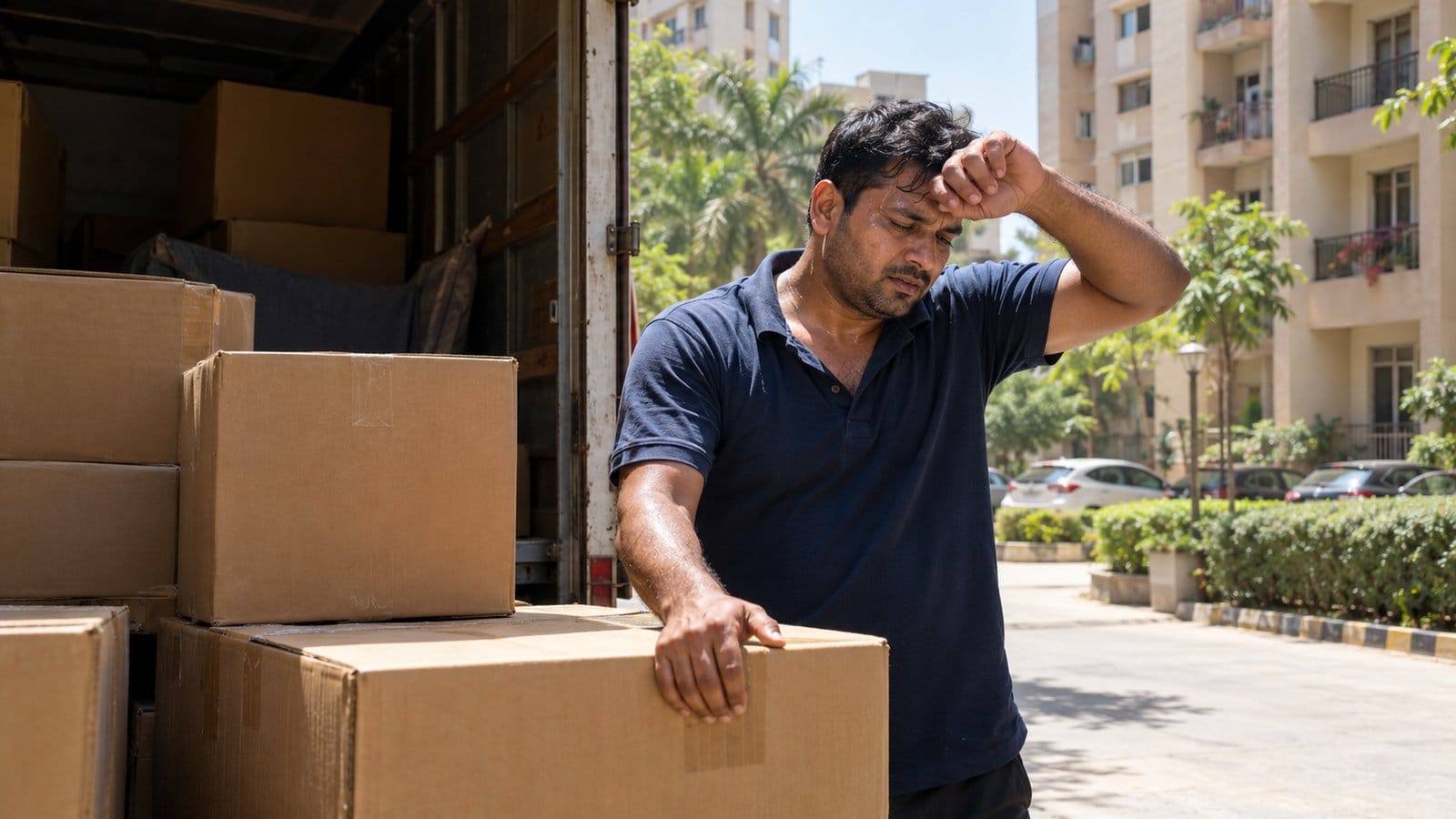 A mover wipes his brow while stacking cartons in the shade of a truck on a hot afternoon