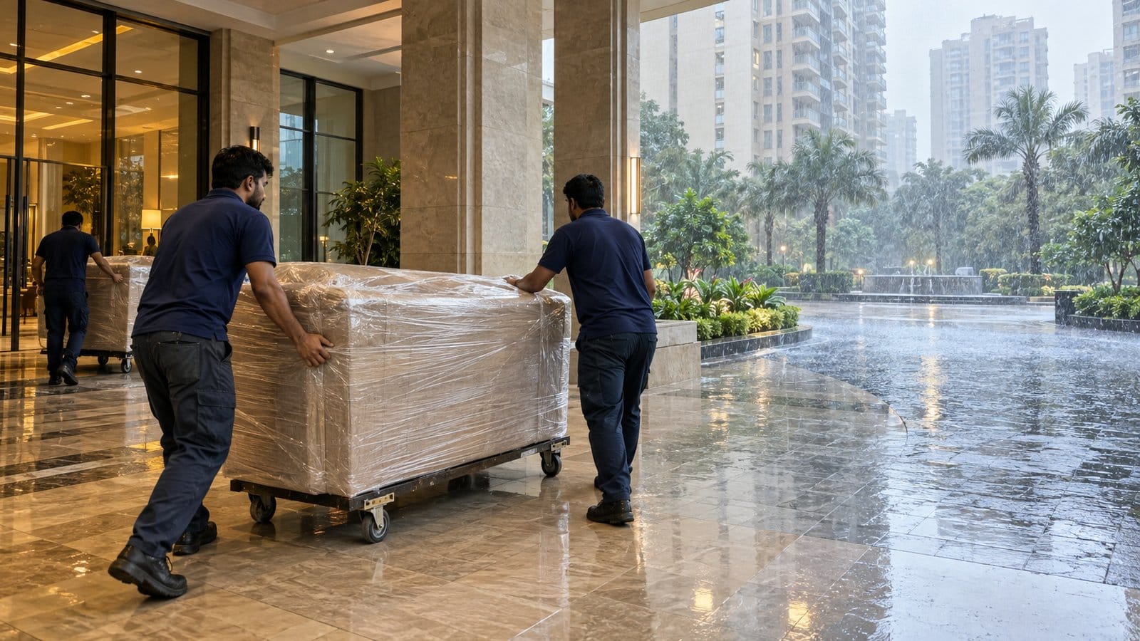 Movers wheel wrapped furniture through the covered porch of a high-rise tower as rain falls outside