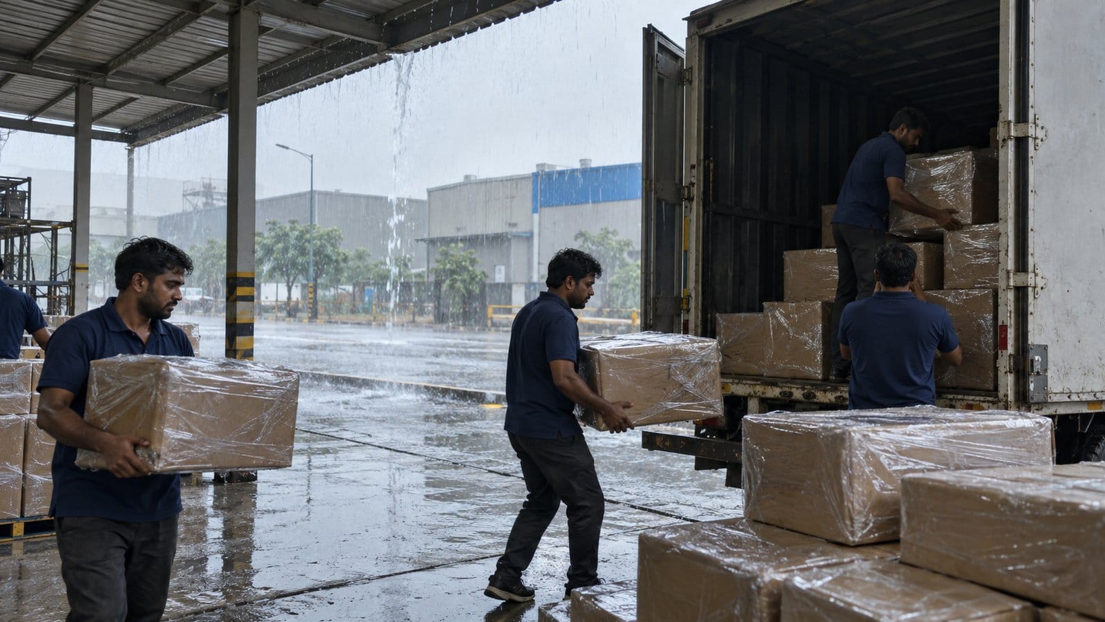 Movers load cartons into a truck under an industrial shed while monsoon rain pours
