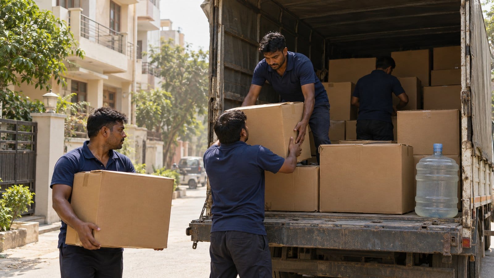 Movers load cartons into a covered truck outside a low-rise colony on a hot hazy morning