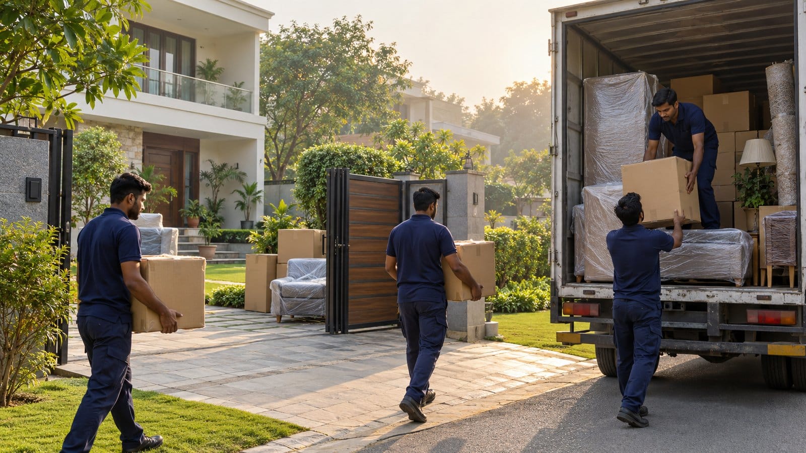 Movers load a truck early in the morning outside a villa with a lawn in a gated township