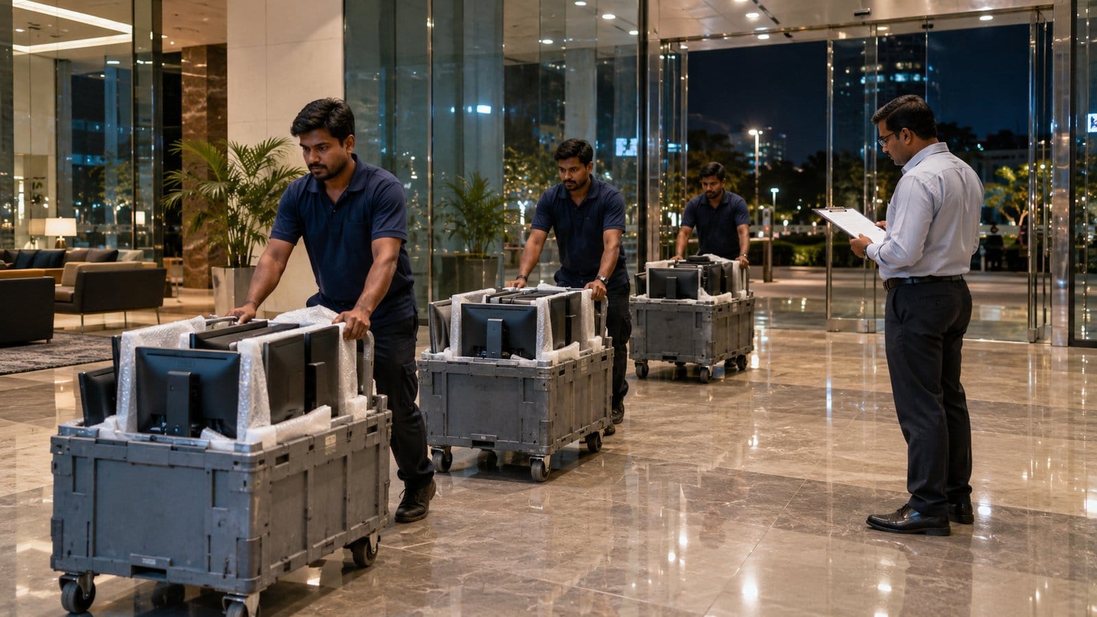 Movers wheel crates of computer monitors through a glass office lobby at night as a facilities manager checks a list