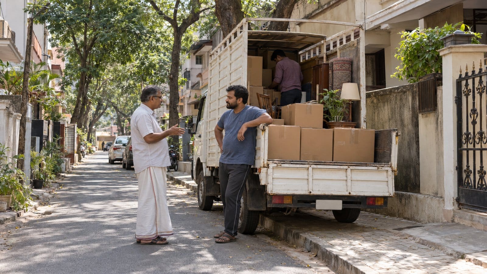 A small goods truck parked on a leafy street of older houses while a resident talks with a neighbour