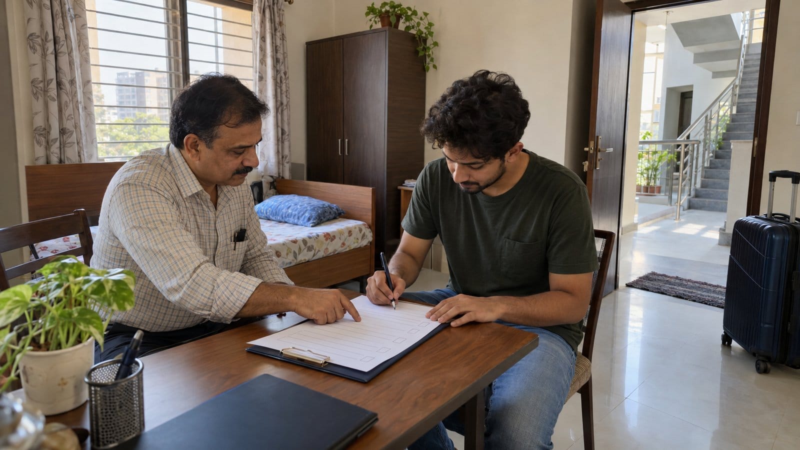 A landlord and a young tenant sign a handover checklist in a small furnished room, a packed suitcase by the door