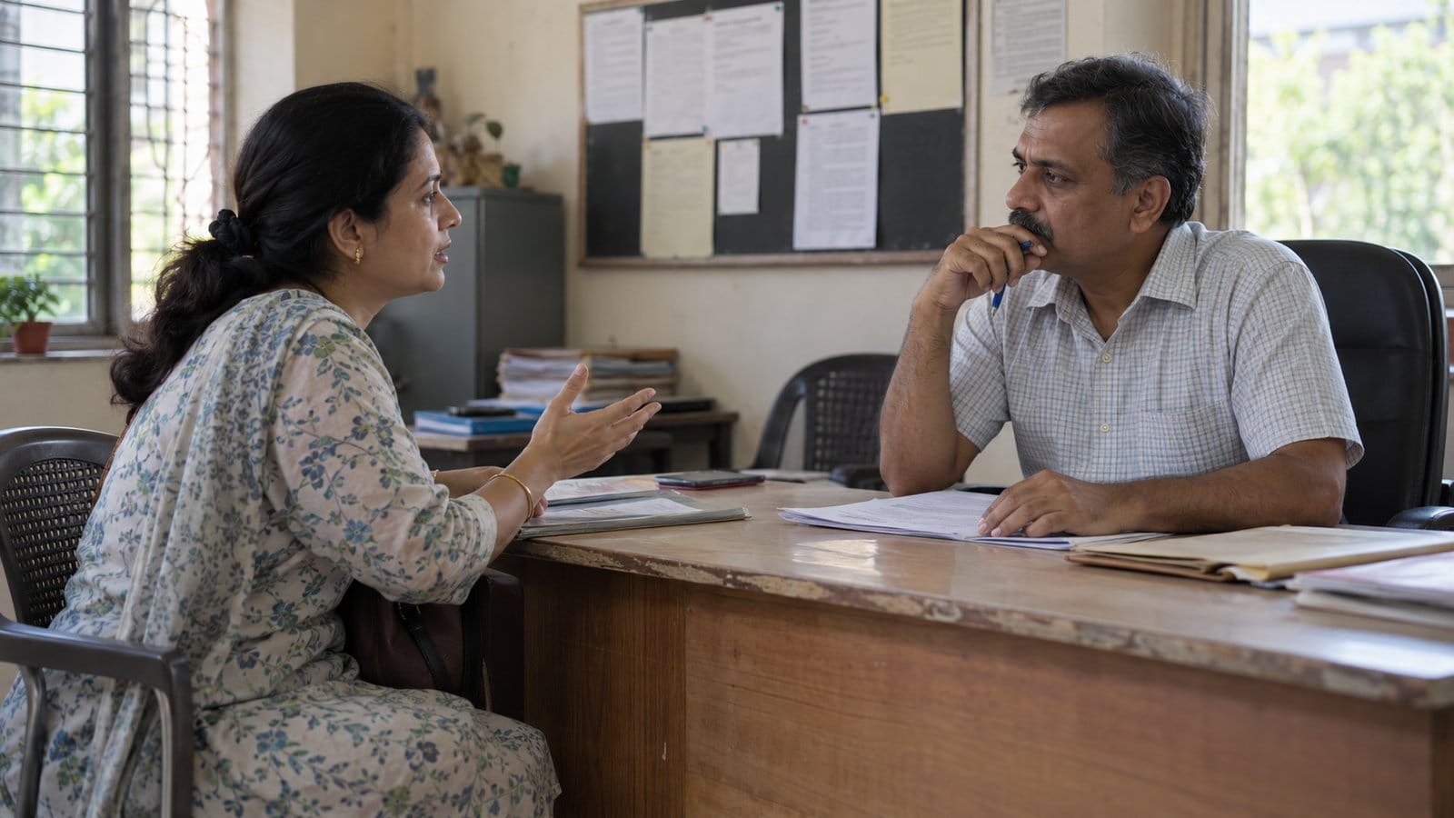 A resident talks with a volunteer at a small residents’ association office desk