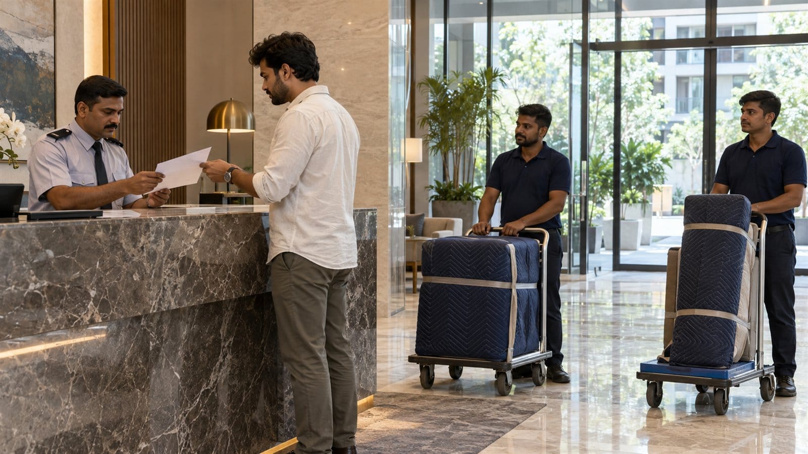 A resident hands papers to a security officer at a tower lobby desk as movers wait with trolleys