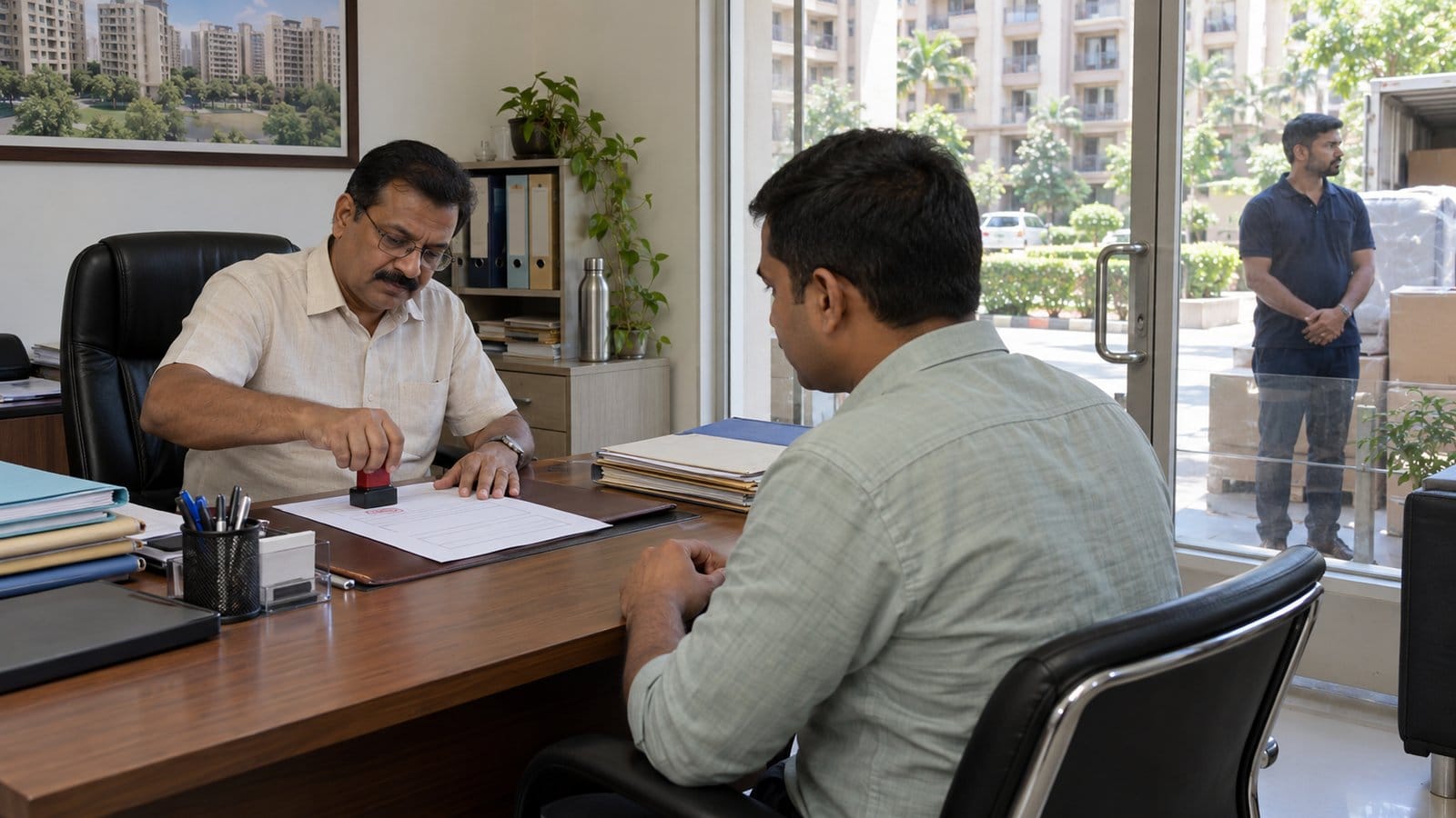 A society secretary stamps a form for a departing resident while a mover waits outside the office