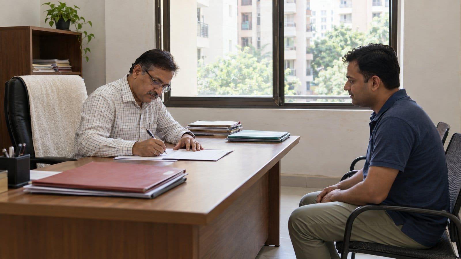 A residents association office-bearer signs a letter at a desk while a resident waits