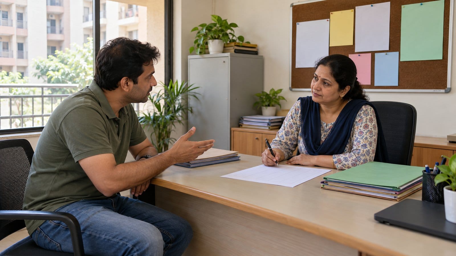 A resident discusses a moving schedule with a society office secretary at her desk