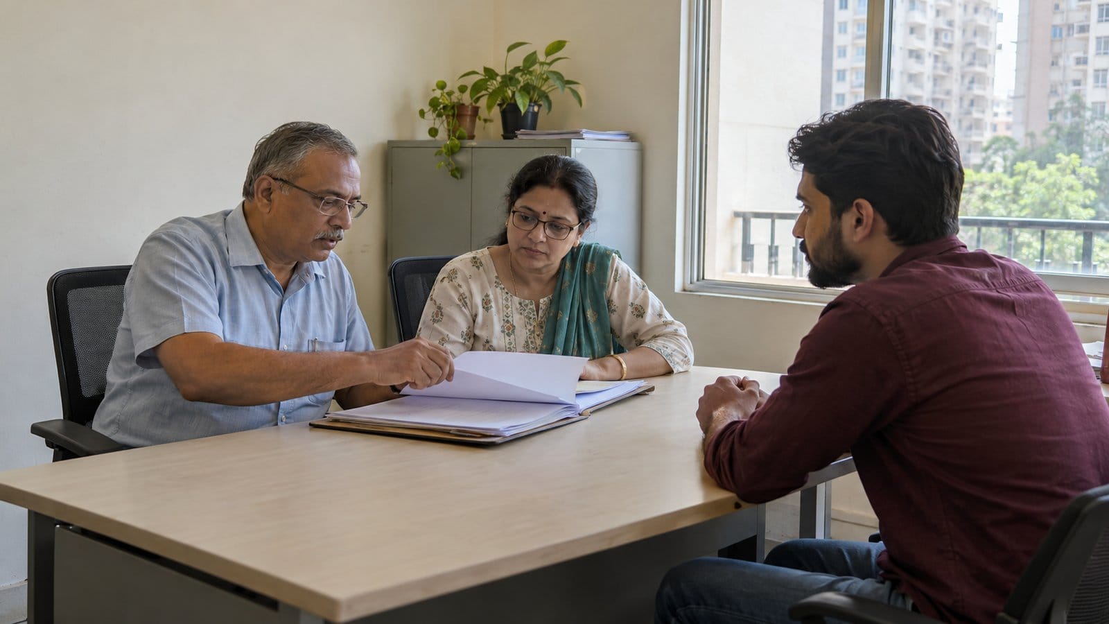 Two society committee members review a move-out application with a resident at an office table