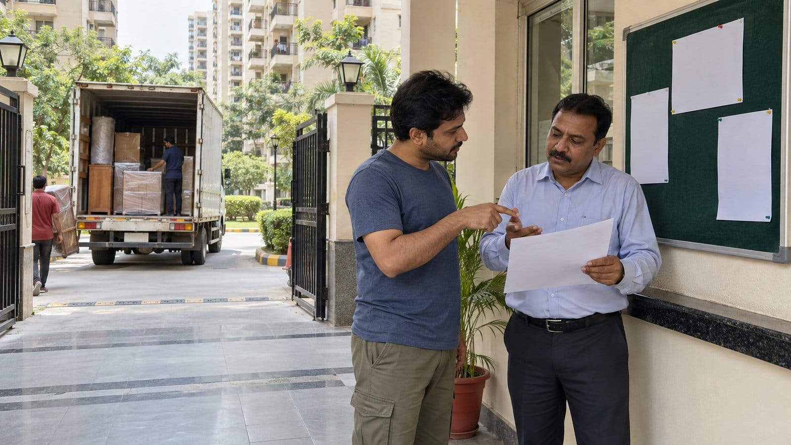 A resident and a society manager discuss a moving date at a housing society entrance as a truck waits outside
