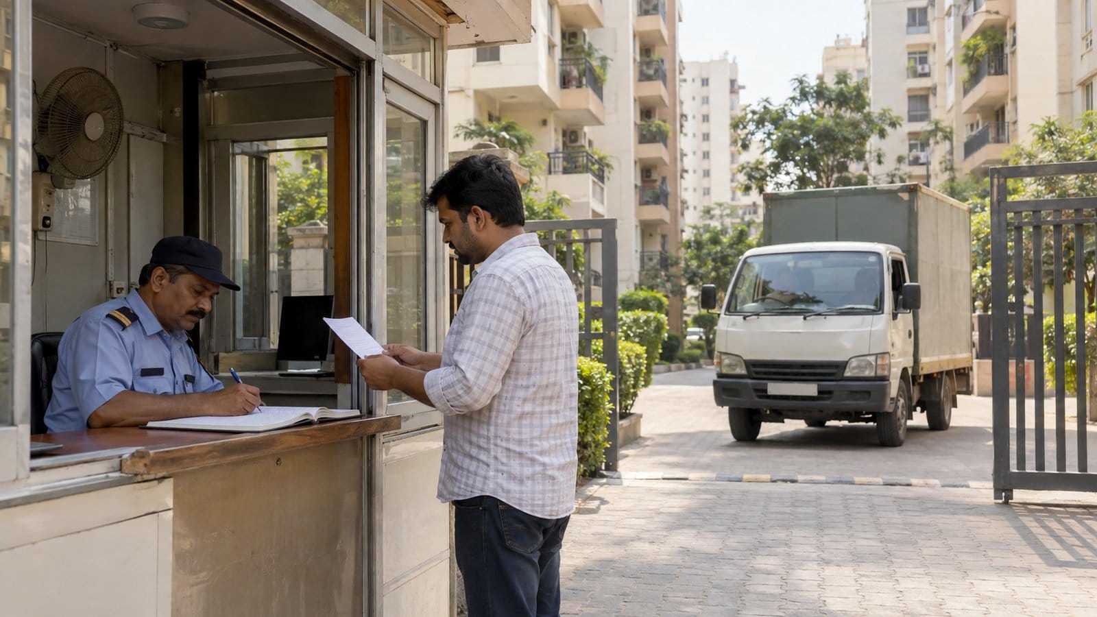 A guard writes in a register at a housing society gate as a resident shows a letter and a small truck waits