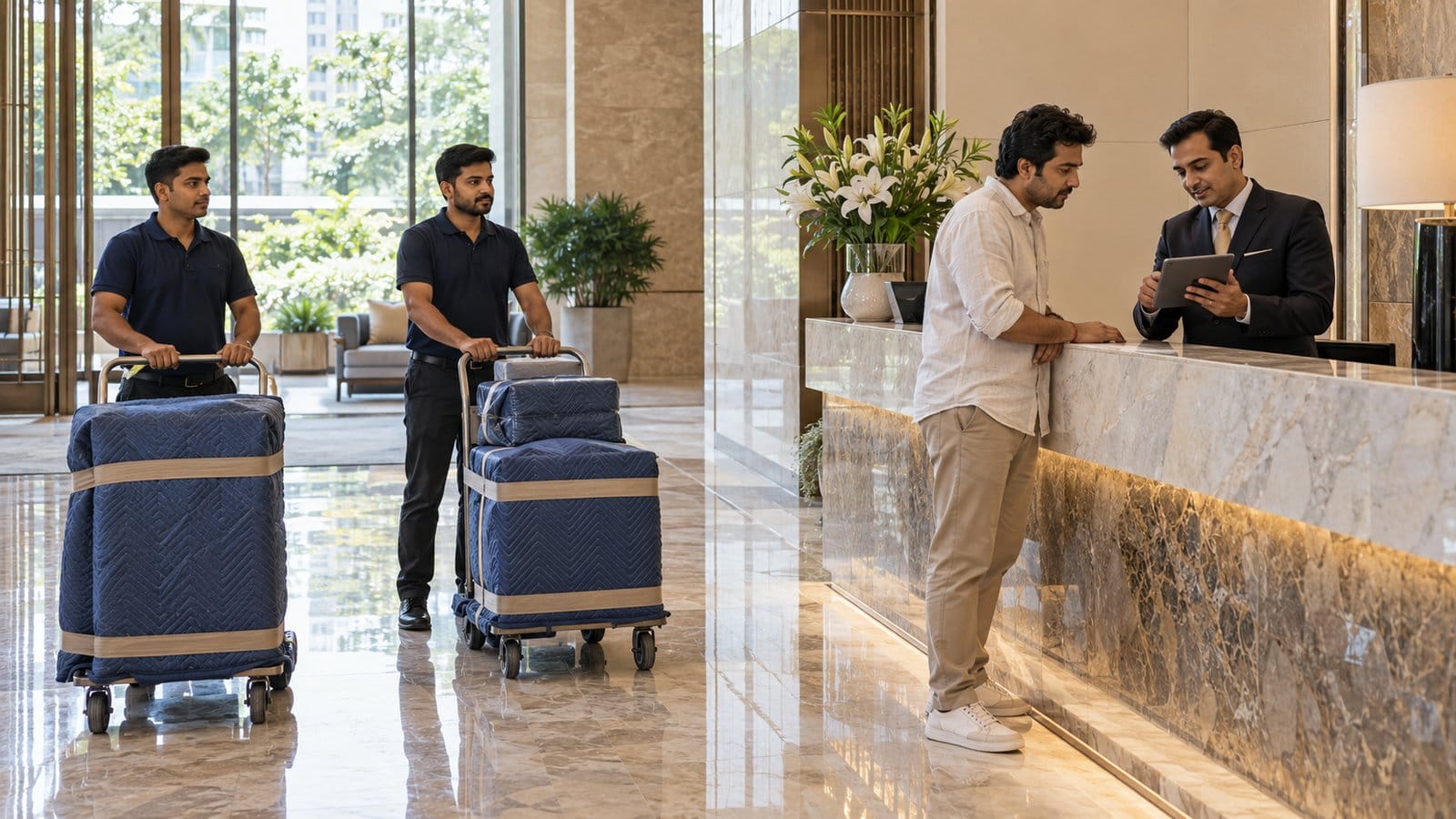A concierge checks a booking with a resident in a tower lobby while two movers wait with padded trolleys