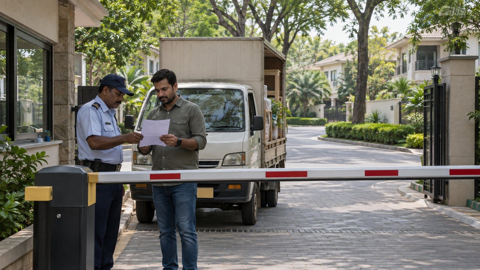 A guard at a township boom barrier checks a resident’s printed move-in approval as a small truck waits
