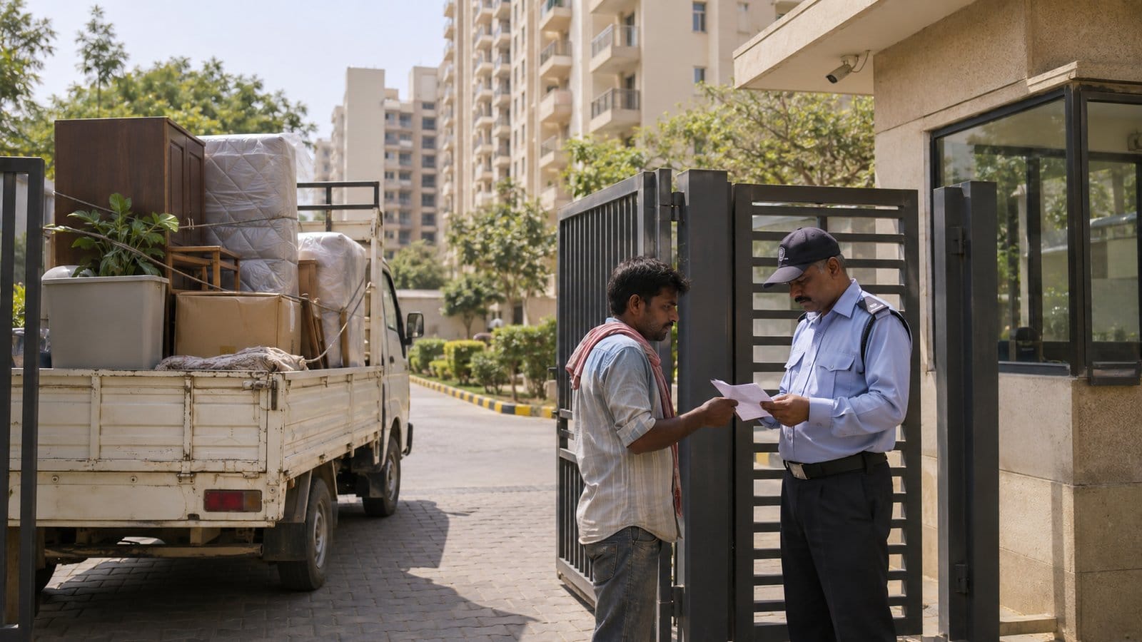 A security supervisor checks a gate pass at a staff-housing complex gate while a goods truck waits
