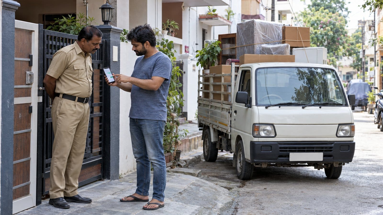 A resident shows a phone message to a lane watchman while a mini goods truck waits
