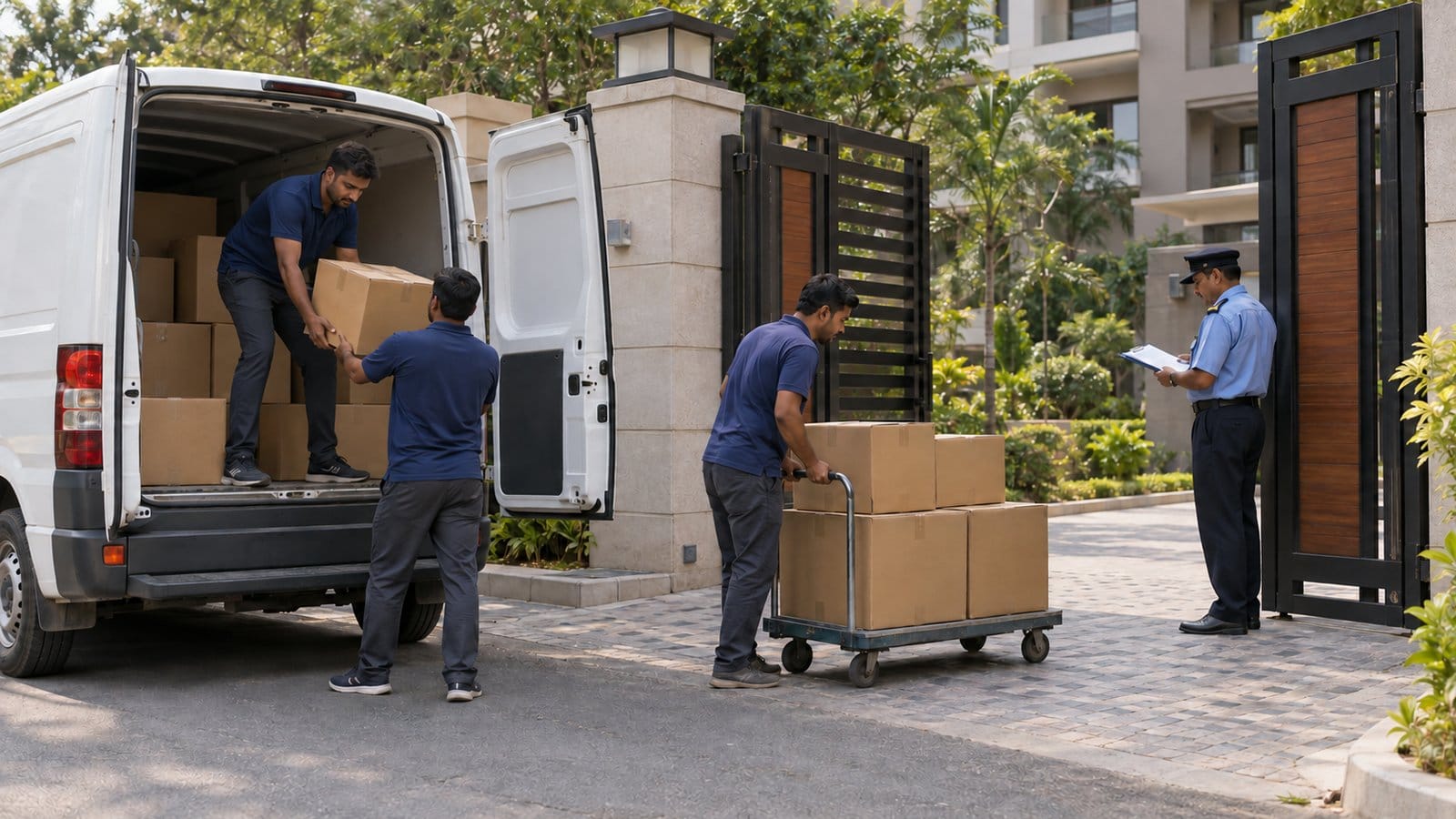Movers transfer cartons from a van onto a hand cart at a colony gate while a guard checks a list