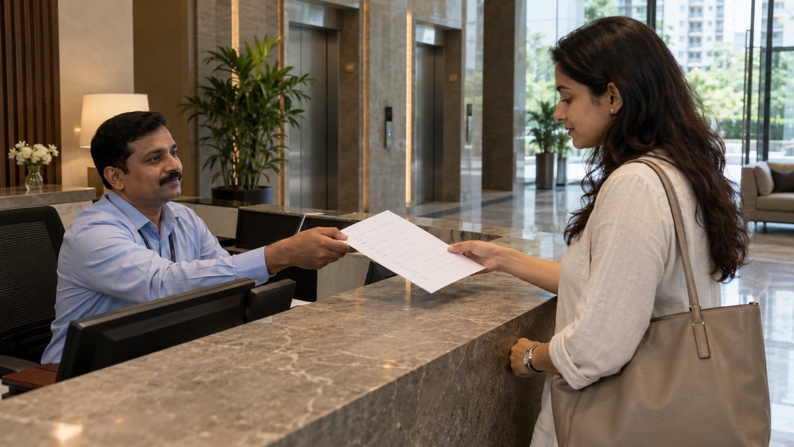 A help-desk manager hands a printed checklist to a resident in a modern apartment tower lobby