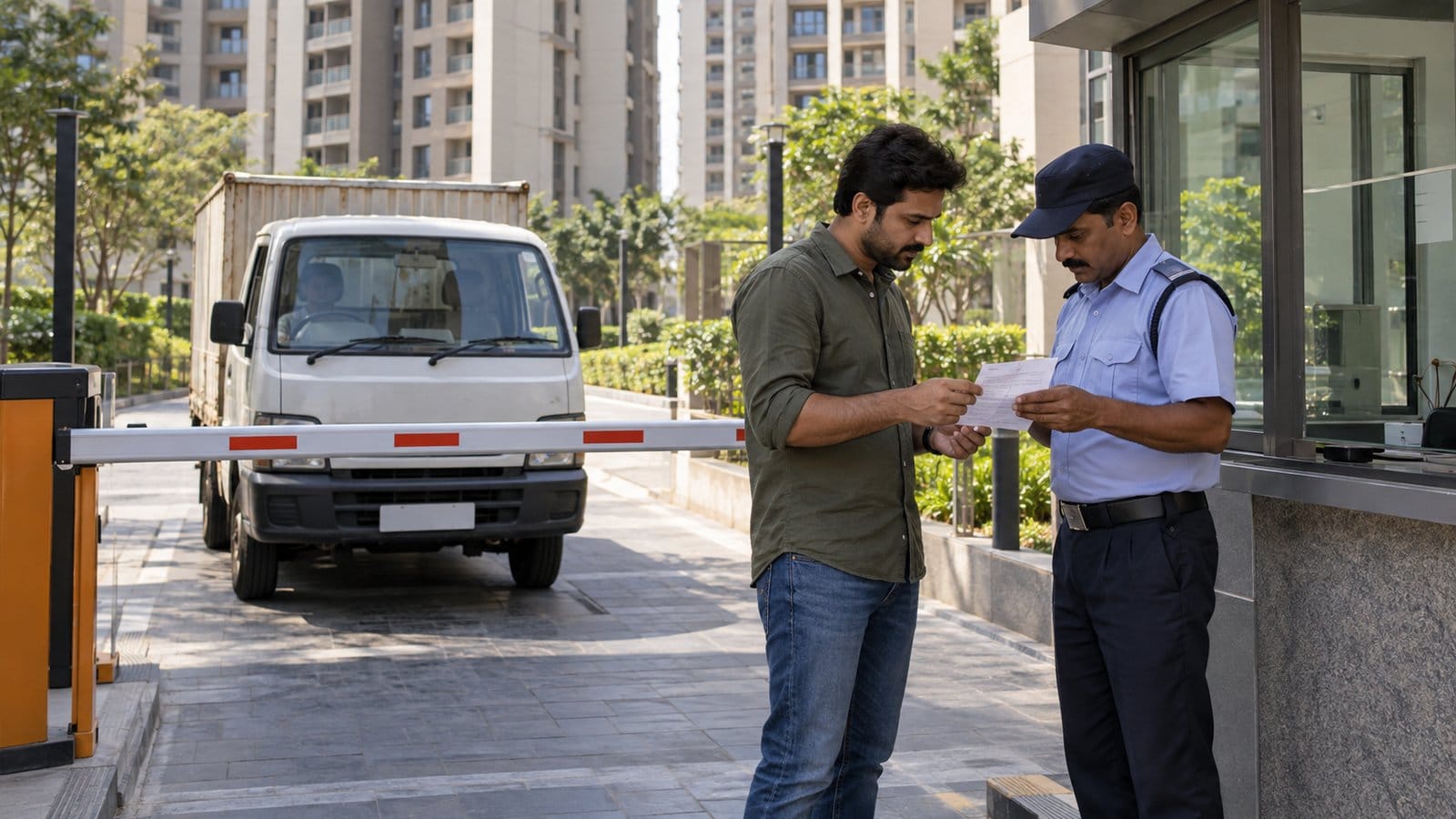 A resident and a security officer check an entry slip at a society boom barrier as a small truck waits