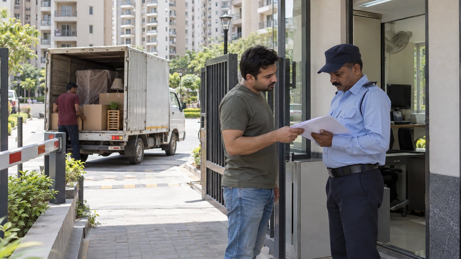 A resident shows a no-dues certificate to a security supervisor at a complex entrance