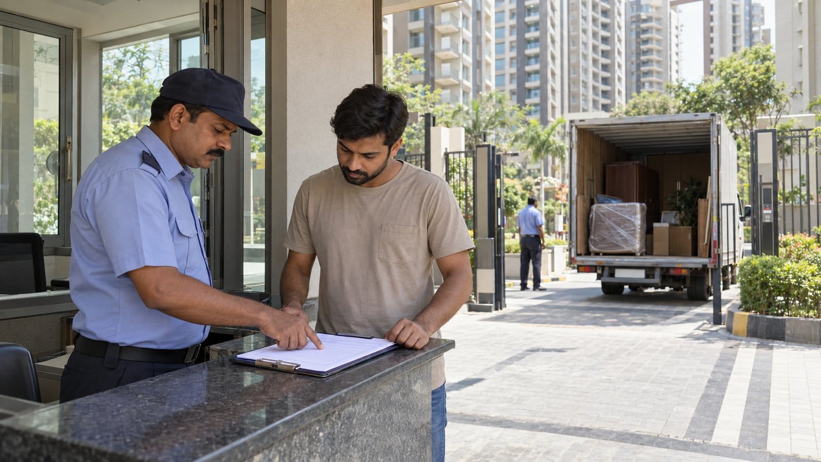 A resident and a security supervisor check a move-out form at a society gate cabin, a truck waiting outside