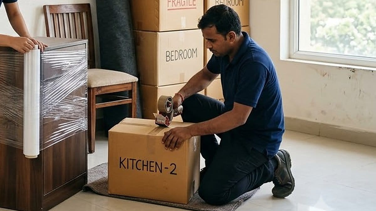 A kneeling mover in a navy polo shirt seals a carton marked Kitchen-2 with a tape gun, beside a stretch-wrapped wooden cabinet and stacked Bedroom boxes